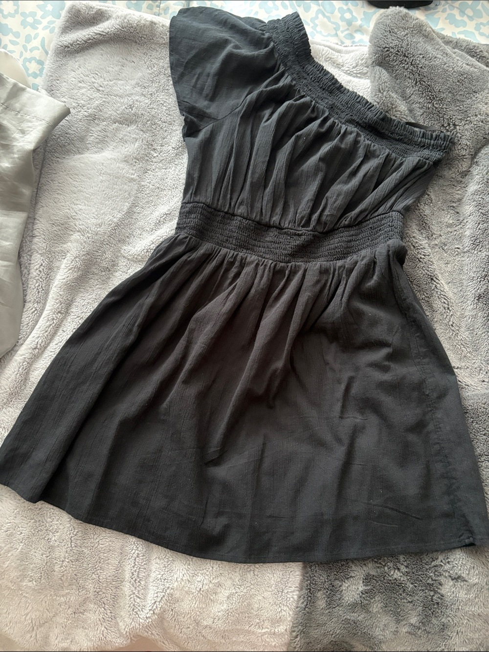 aerie One-Shoulder Black Smocked-Waist Gauze Dress Size M